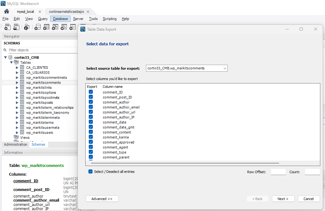 table export wizard