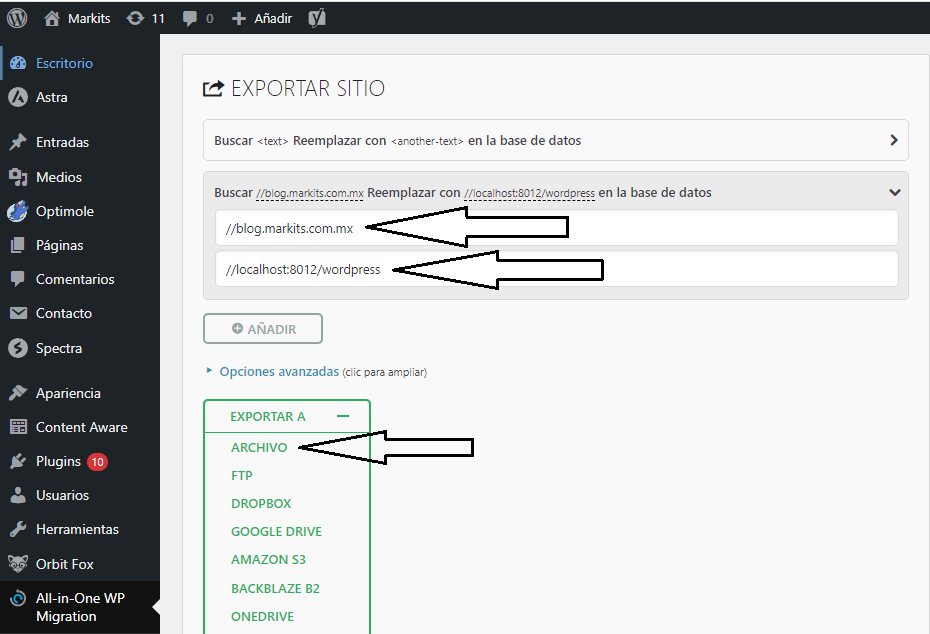 configurando respaldo de sitio web en wordpress